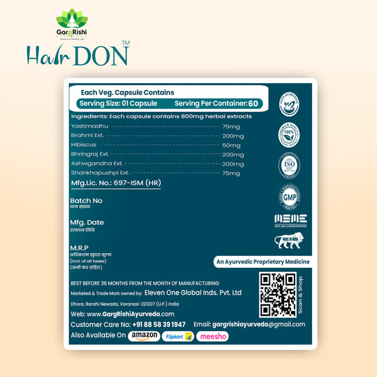 Hair DON I Anti Hair Fall & Hair Regain Ayurvedic Capsule I No Side Effect I 100% Natural Ingredients Ext. I